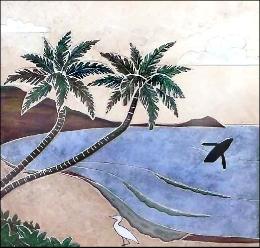colorful beach scene with 2 palm trees